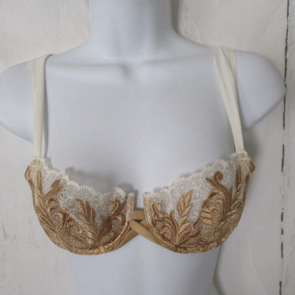 Vintage Victorias Secret Bra 34B Gold Lace Embroidered Push Up Underwire